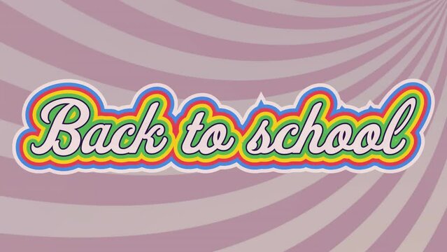 Animation of back to school text banner against radial rays in seamless pattern on purple background