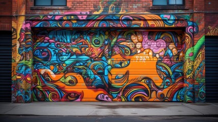 A garage door covered in vibrant graffiti art