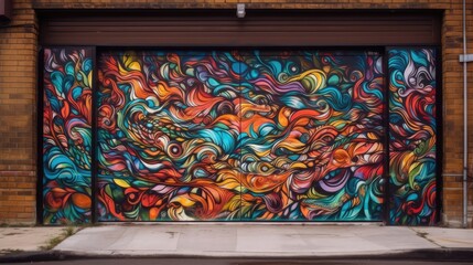 A garage door covered in vibrant graffiti art