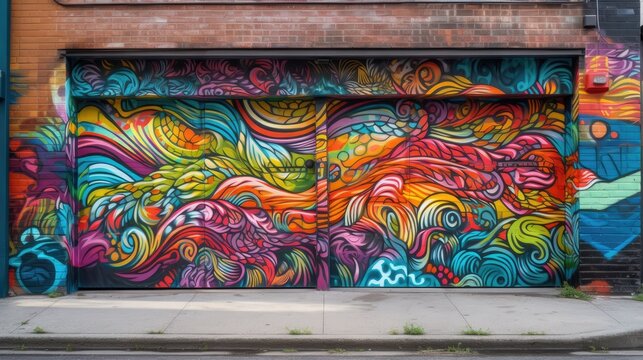 A garage door covered in vibrant graffiti art
