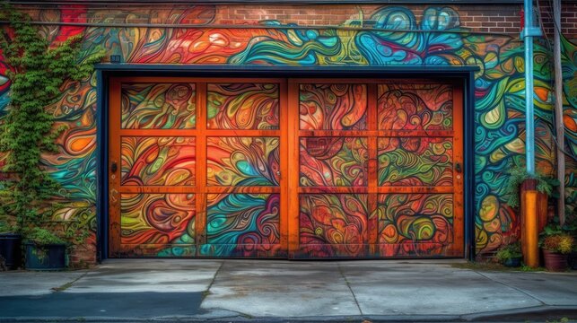 A garage door covered in vibrant graffiti art