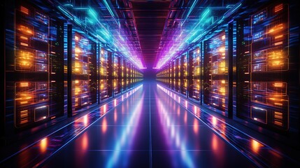 Shot of corridor in working data center filled with rack servers and supercomputers AI background