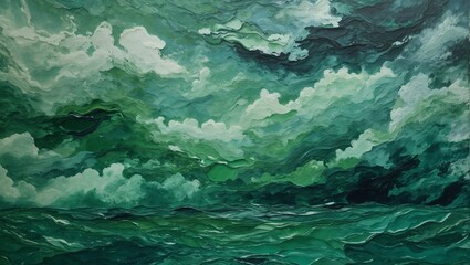 Oil paint textures as color abstract dark green sea and clouds, pattern