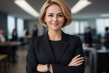 Radiant Middle Aged Female CEO Standing Confidently in Office, Arms Crossed, Wearing a Distinguished Black Suit, Exuding Professionalism and Success