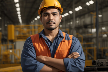 Arms-Crossed Hispanic Male Factory Worker Exuding Confidence in the Industrial Construction Sector.