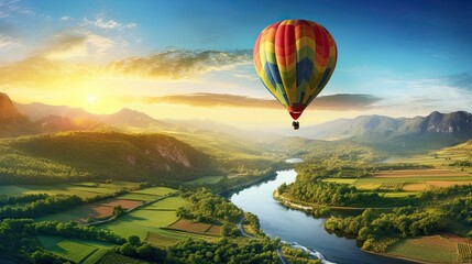 Balloon flying over country with mountains rivers and forests