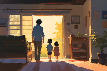 A happy weekend evening of a family of 3, mom, dad and child. generative ai