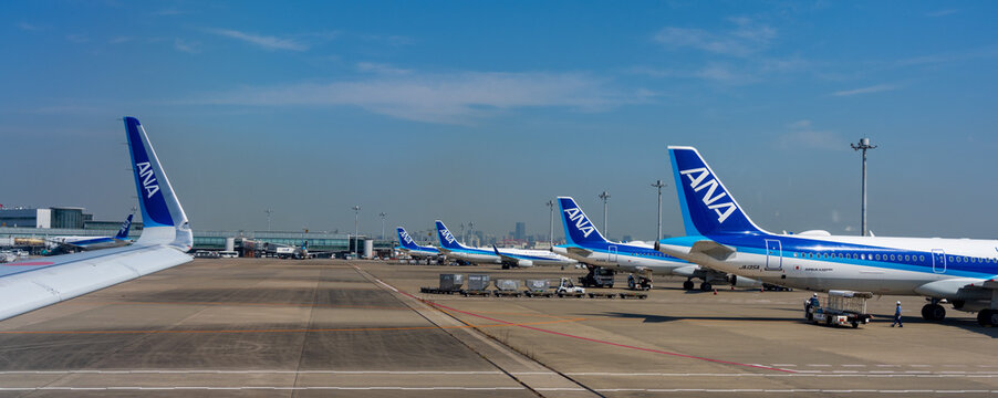 Haneda, Tokyo, Japan - July 26 2023: ANA Jets parked at  Tokyo International Airport at daytime.
