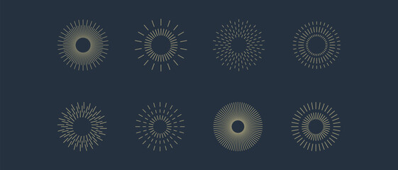 Vintage sunburst icons set. Sun rays. Radial sunset beams. Fireworks. Vector illustration.