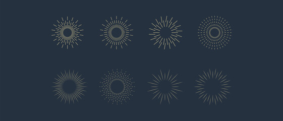 Vintage sunburst icons set. Sun rays. Radial sunset beams. Fireworks. Vector illustration.
