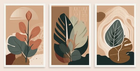Fototapeta na wymiar Set of trendy boho abstract botanical illustrations. Modern style wall decor. Collection of contemporary artistic posters, Generative AI