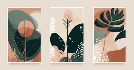 Set of trendy boho abstract botanical illustrations. Modern style wall decor. Collection of contemporary artistic posters, Generative AI