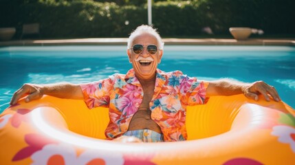 Photography of a pleased, man in his 70s that is wearing a bright inflatable pool float against a vibrant backyard pool background. Generative AI