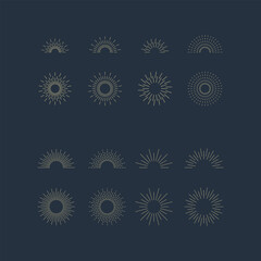 Vintage sunburst icons set. Sun rays. Radial sunset beams. Fireworks. Vector illustration.