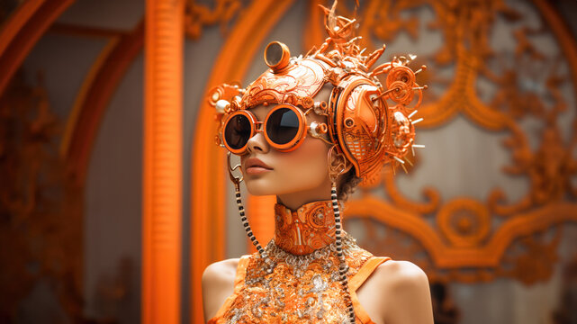 ein Mädchen posiert in einem orangefarbenen Rahmen mit Fliegerbrille, girl posing in orange frame with aviator glasses