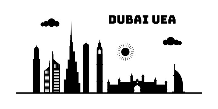 Dubai Uni Emirate Arab cityscape skyline sketch illustration vector. Famous popular city in the world in black white style.