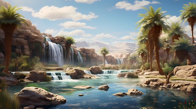 Beautiful Scene at the Foot of the Mountain. Fantasy Backdrop Concept Art Realistic Illustration Video Game Background Digital Painting CG Artwork Scenery Artwork Book Illustration. Generative AI.
