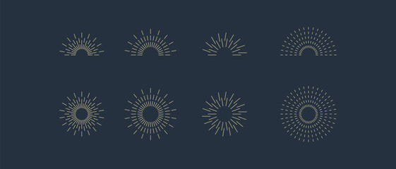 Vintage sunburst icons set. Sun rays. Radial sunset beams. Fireworks. Vector illustration.