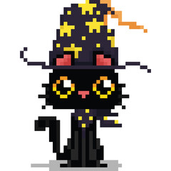 Obraz premium Pixel art cartoon cute magical black cat character