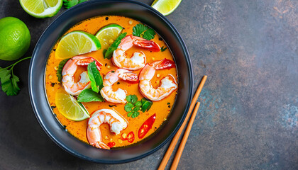 Yom yum kung spicy Thai soup with shrimp in a black bowl. Thailand food. Taste of heritage