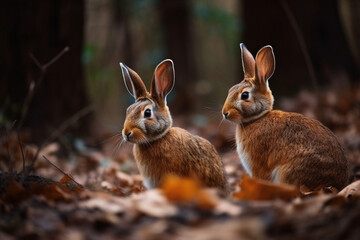 Naklejka na ściany i meble Wild Rabbits in the Forest, Rabbit, bokeh 