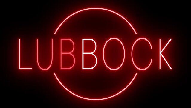 Red flickering and blinking animated neon sign for the city of Lubbock