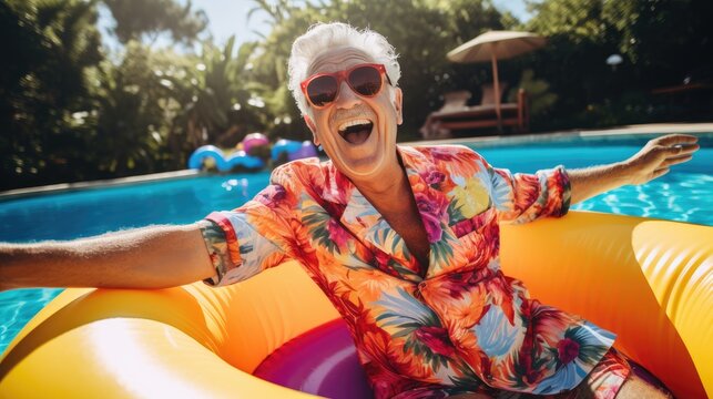 Photography of a pleased, man in his 70s that is wearing a bright inflatable pool float against a vibrant backyard pool background. Generative AI - Powered by Adobe