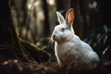 Majestic White Rabbit in a Forest Setting, Rabbit, bokeh 