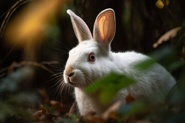 Inquisitive White Rabbit Peering through Foliage, Rabbit, bokeh 