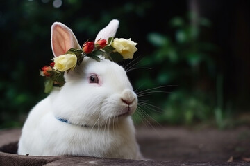 Playful White Rabbit with a Flower Crown, Rabbit, bokeh 