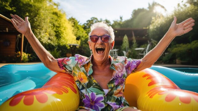 Photography of a pleased, man in his 70s that is wearing a bright inflatable pool float against a vibrant backyard pool background. Generative AI
