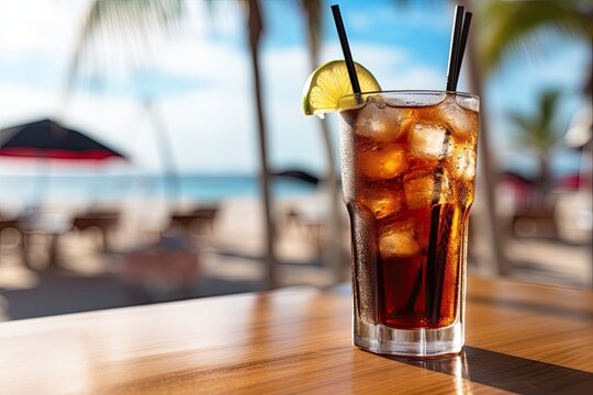 Fresh cold cola soda drink with a lime slice at a blurry tropical beach background