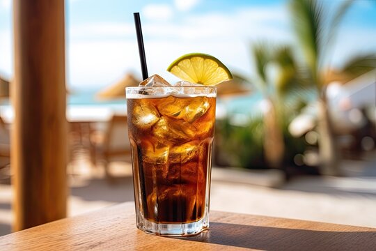 Fresh cold cola soda drink with a lime slice at a blurry tropical beach background