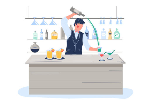 Professional bartender male character mixing cocktail at counter desk