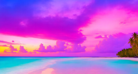 Naklejka na ściany i meble Amazing sunset panorama at Maldives. Luxury resort villas seascape with soft led lights under colorful sky. Beautiful twilight sky and colorful clouds. Beautiful beach background for vacation holiday.