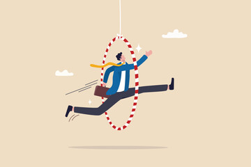 Capability or employee competence, skill and performance to achieve success, challenge or motivation to overcome obstacle, winning concept, capable skillful businessman winner jump through the hoop.