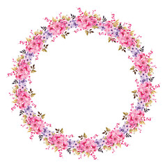 Wreath with colorful flowers, leaves and branches in vintage watercolor style. Vector circle frame