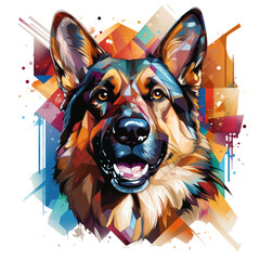 German Shepherd dog t-shirt design featuring an artistic portrayal of a dog playing hide and seek among abstract, Generative Ai