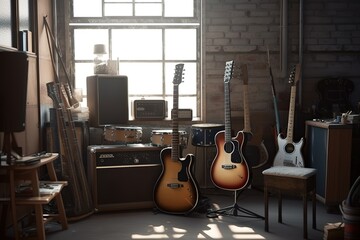 Music Room: Capture a set of images that showcase a creative, inspiring music room. Generative AI