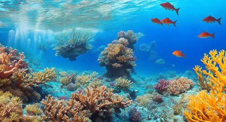 Naklejka na ściany i meble Colorful life on underwater coral reef