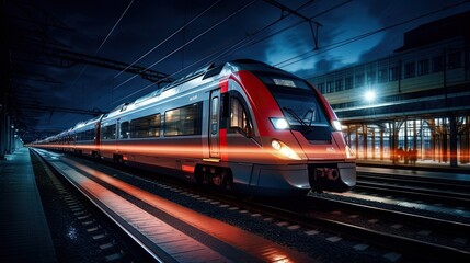 Obraz premium Rrain at night in a city driving in motion with light trails at a railway station