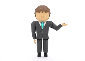 木製人形風3DCGイラスト　案内するスーツの男性