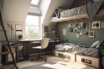 Teenage Bedroom: Capture a set of images that showcase a cool, trendy bedroom for a teenager. Generative AI
