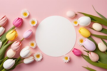 Easter concept. Top view photo of white circle easter eggs and colorful fresh tulips on isolated light pink background with copyspace, Generative AI