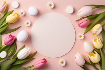Easter concept. Top view photo of white circle easter eggs and colorful fresh tulips on isolated light pink background with copyspace, Generative AI