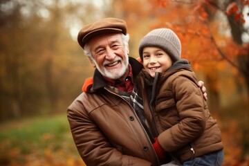 Autumn Embrace: Happy Grandfather and Grandson Hug on Walk, Generative Ai