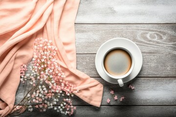  Hello spring concept. Top view photo of cup of frothy coffee gypsophila flowers and pink scarf on grey wooden desk background with blank space, Generative AI
