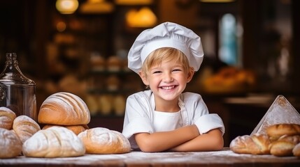 Photography of a pleased, child boy that is baking delicious pastries wearing a chef's hat and apron against a bakery background. Generative AI
