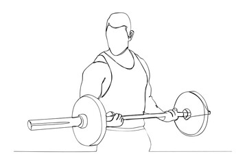 simple vector sketch strong muscle man workout using barbel, single one line art, continuous