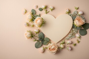  Top view flat lay image of small, delicate roses on a calming pastel beige background with an empty heart for an advertisement or message, Generative AI